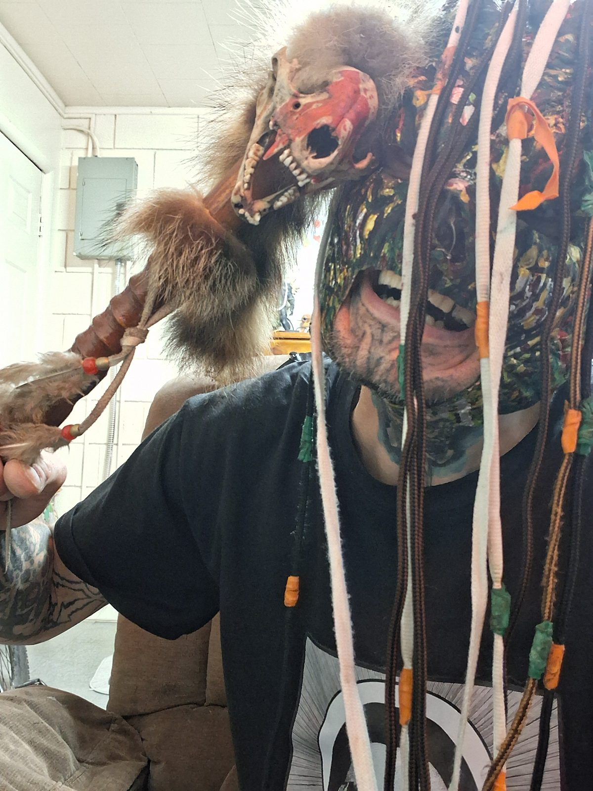 Photo of a fur-trimmed BoreScum mask wrapped in tubes